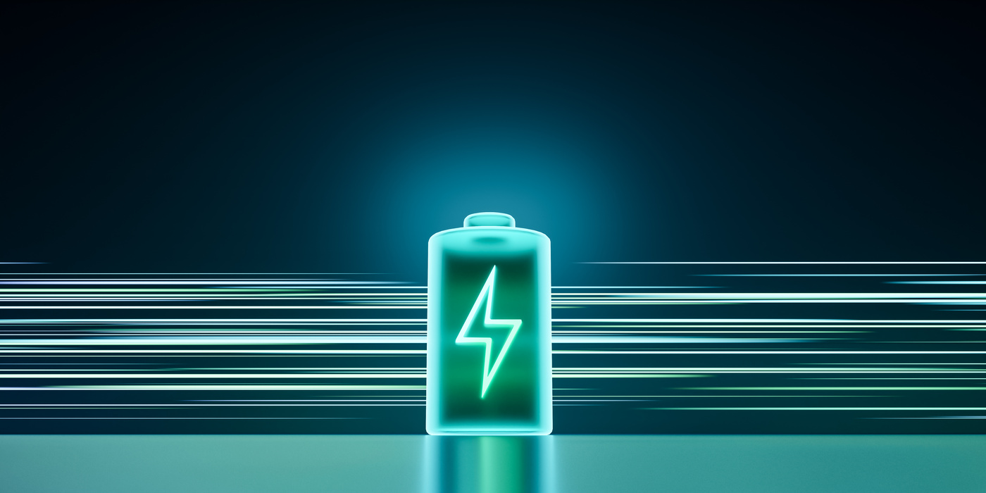 Glowing green power neon futuristic energy storage, high capacity rechargeable lithium ion battery, 3D rendering light trail of future electric vehicle clean energy technology concept